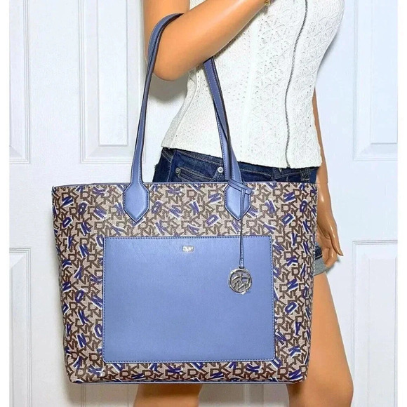 DKNY Shoulder Tote Satchel Bag Monogram Print Blue, Brown NWT - Picture 4 of 13